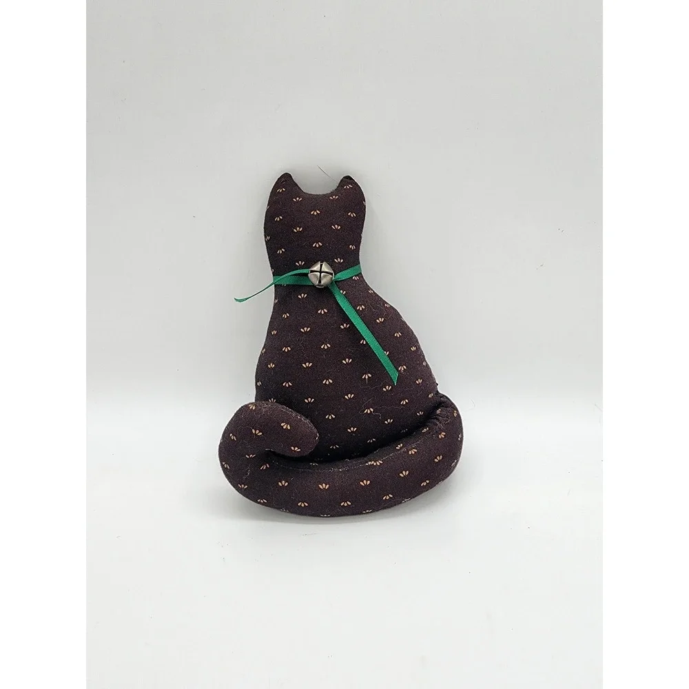 Vintage Handmade Fabric Cat Plush Black Gold Floral Print Green Ribbon Bell 7in